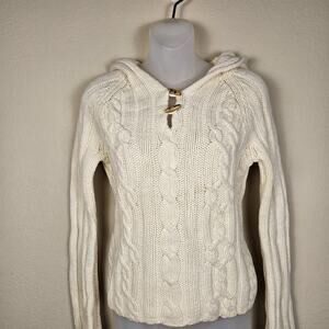 Vintage Y2K Cable Knit Sweater Womens Lambs Wool Hood Wood Toggle Button Cream M